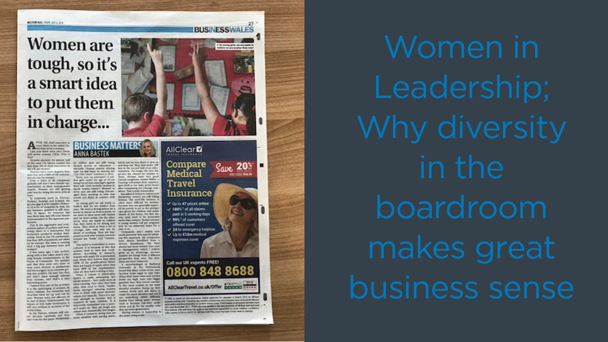 Left-hand side of image is Anna; Right-hand side of image is article headline "Women in Leadership; Why diversity in the boardroom makes great business sense."