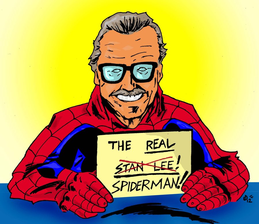 Cartoon image of Stan Lee in Spider-Man outfit holding a sign which reads "The Real Spider-Man!"