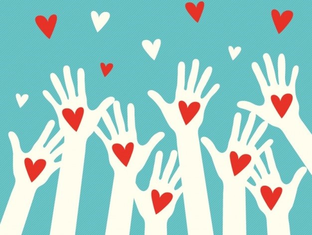 Charity image. Raised hands with red and white hearts.