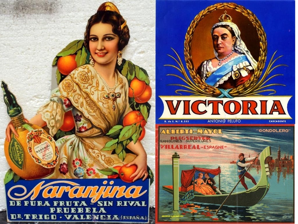 Collage of vintage Spanish orange adverts.