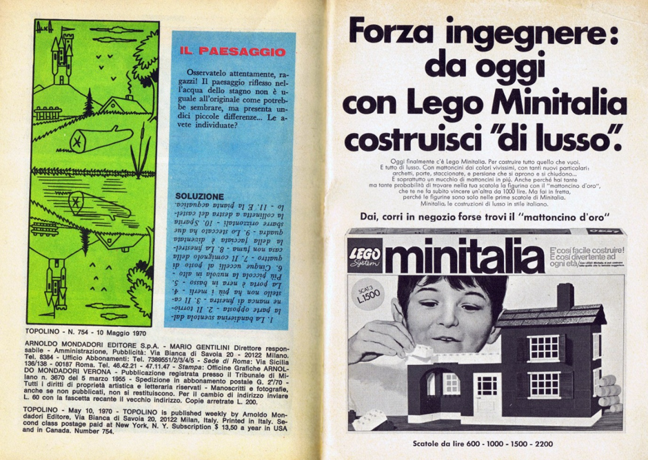 A booklet advertising the branding and product variation 'Minitalia.' This was a crucial part of lego's advertising in the 60s and 70s.